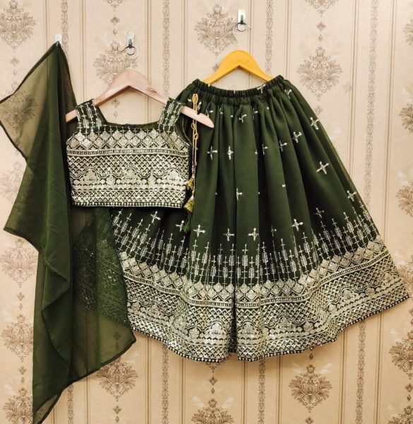 Customizable Green Georgette Kids Lehenga Set with Dupatta for Wedding Wear Girls Wear