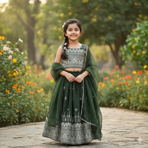 Customizable Green Georgette Kids Lehenga Set with Dupatta for Wedding Wear Girls Wear