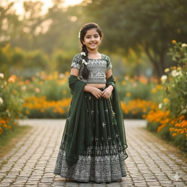 Customizable Green Georgette Kids Lehenga Set with Dupatta for Wedding Wear Girls Wear
