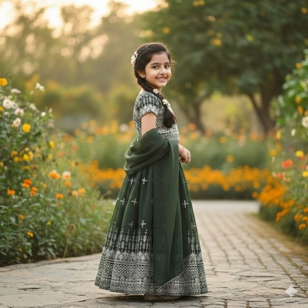 Customizable Green Georgette Kids Lehenga Set with Dupatta for Wedding Wear Girls Wear