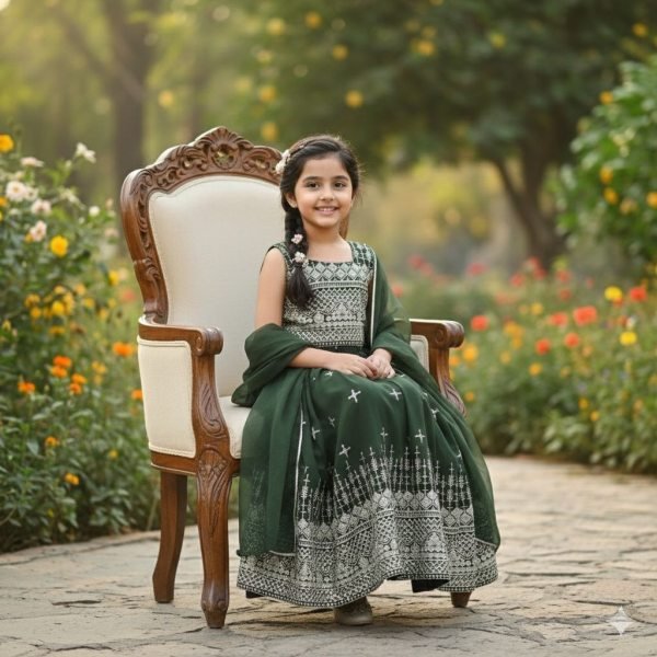 Customizable Green Georgette Kids Lehenga Set with Dupatta for Wedding Wear Girls Wear