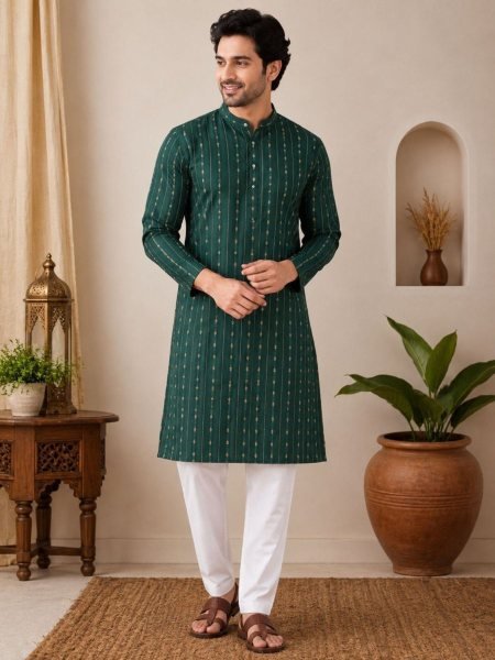 Customizable Green Traditional Cotton Kurta Pajama with Premium Jacquard Weaving 