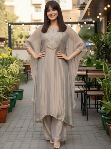 Customizable Grey Crunchy Fabric Embroidered Suit Set with Organza Dupatta at Manufacturer Rate 