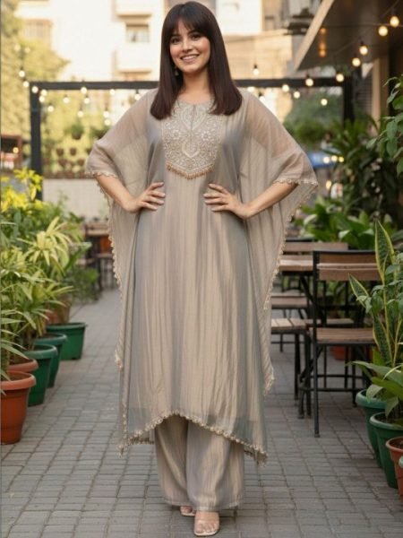 Customizable Grey Crunchy Fabric Embroidered Suit Set with Organza Dupatta at Manufacturer Rate Kaftan 