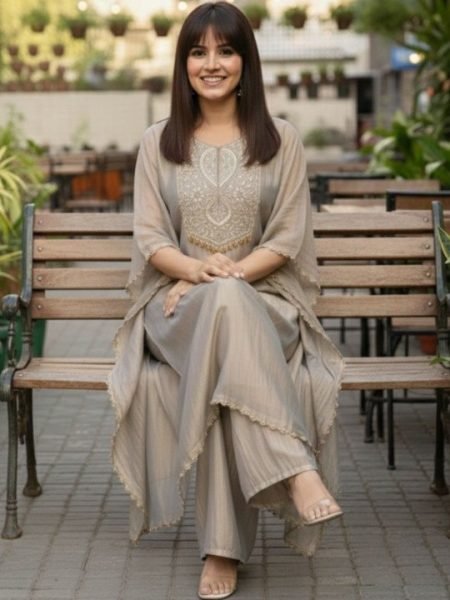 Customizable Grey Crunchy Fabric Embroidered Suit Set with Organza Dupatta at Manufacturer Rate Kaftan 