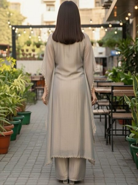 Customizable Grey Crunchy Fabric Embroidered Suit Set with Organza Dupatta at Manufacturer Rate Kaftan 