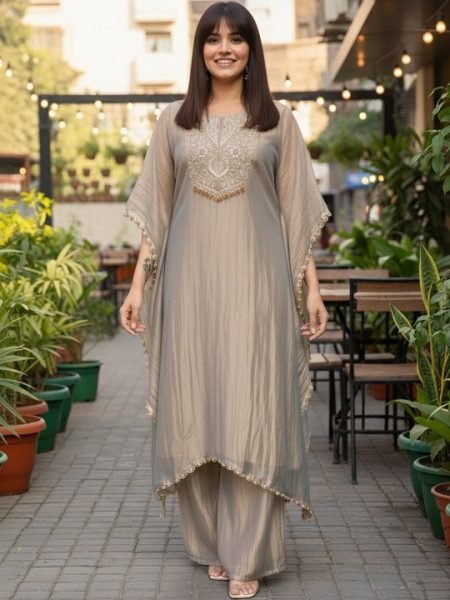 Customizable Grey Crunchy Fabric Embroidered Suit Set with Organza Dupatta at Manufacturer Rate Kaftan 