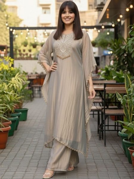 Customizable Grey Crunchy Fabric Embroidered Suit Set with Organza Dupatta at Manufacturer Rate Kaftan 