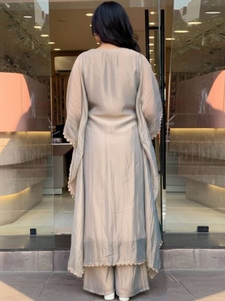 Customizable Grey Crunchy Fabric Embroidered Suit Set with Organza Dupatta at Manufacturer Rate Kaftan 