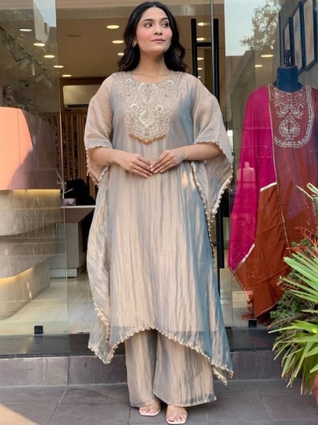Customizable Grey Crunchy Fabric Embroidered Suit Set with Organza Dupatta at Manufacturer Rate Kaftan 