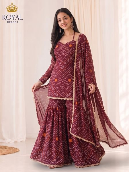 Customizable Maroon Designer Georgette Bandhani Sharara Suit with Halter Neck For Festival 