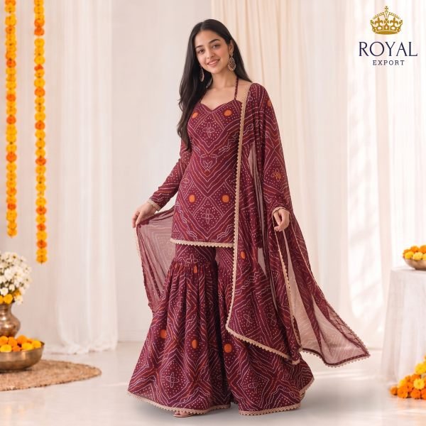 Customizable Maroon Designer Georgette Bandhani Sharara Suit with Halter Neck For Festival 3 Piece Kurti Set