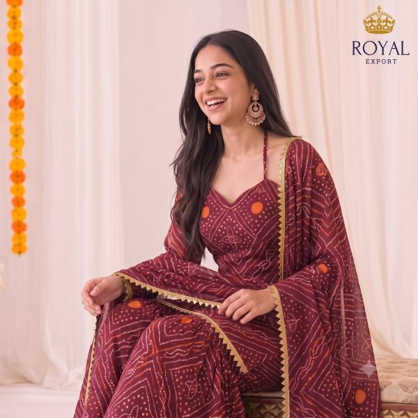 Customizable Maroon Designer Georgette Bandhani Sharara Suit with Halter Neck For Festival 3 Piece Kurti Set