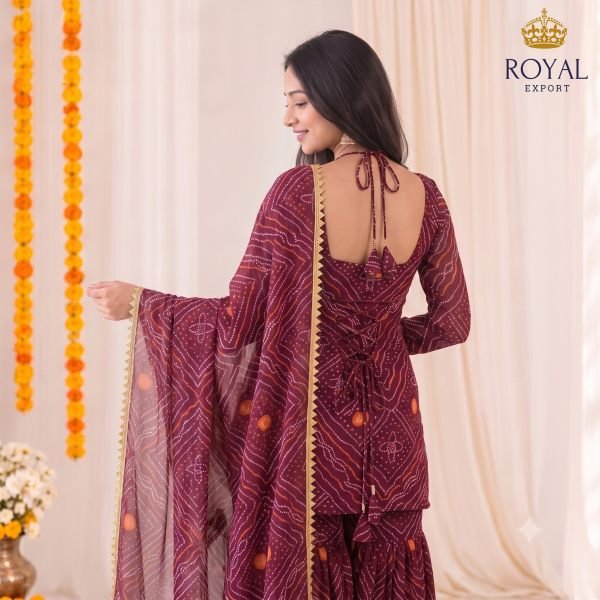 Customizable Maroon Designer Georgette Bandhani Sharara Suit with Halter Neck For Festival 3 Piece Kurti Set