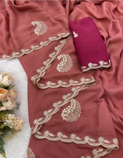 Customizable Maroon Stylish Embroidered Star Georgette Saree with Contrast Designer Blouse Embroidery Sarees Wholesale