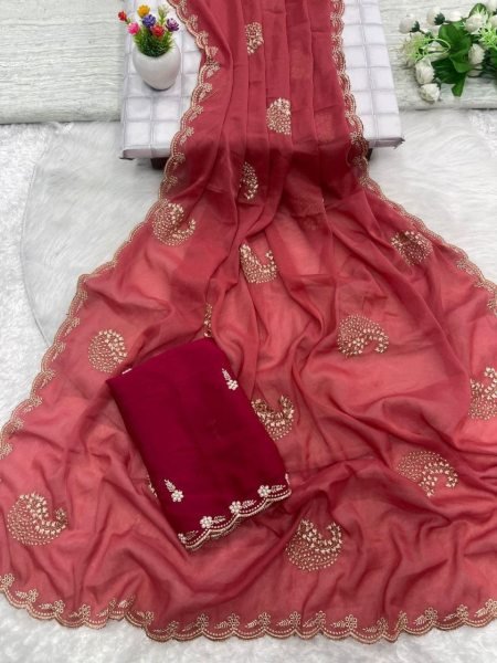 Customizable Maroon Stylish Embroidered Star Georgette Saree with Contrast Designer Blouse Embroidery Sarees Wholesale