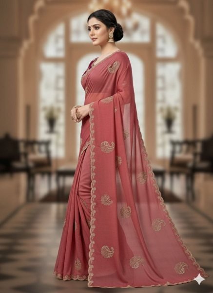 Customizable Maroon Stylish Embroidered Star Georgette Saree with Contrast Designer Blouse Embroidery Sarees Wholesale
