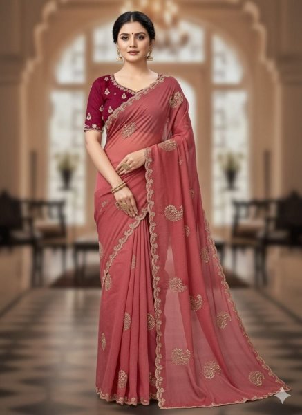 Customizable Maroon Stylish Embroidered Star Georgette Saree with Contrast Designer Blouse Embroidery Sarees Wholesale