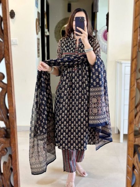 Customizable Navy Blue Jaipuri Cotton Kurti Pant Dupatta Set for Summer Wear Kurtis