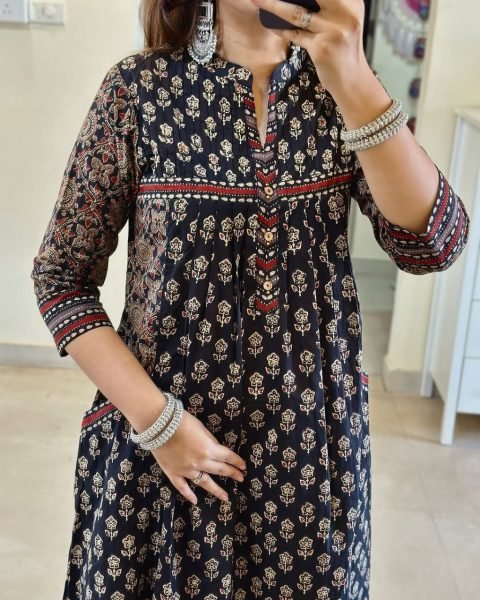 Customizable Navy Blue Jaipuri Cotton Kurti Pant Dupatta Set for Summer Wear Jaipuri Cotton Kurtis Wholesale