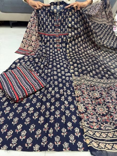 Customizable Navy Blue Jaipuri Cotton Kurti Pant Dupatta Set for Summer Wear Jaipuri Cotton Kurtis Wholesale