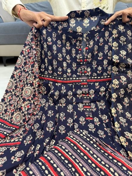 Customizable Navy Blue Jaipuri Cotton Kurti Pant Dupatta Set for Summer Wear Jaipuri Cotton Kurtis Wholesale