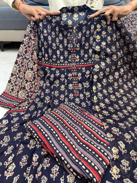 Customizable Navy Blue Jaipuri Cotton Kurti Pant Dupatta Set for Summer Wear Jaipuri Cotton Kurtis Wholesale
