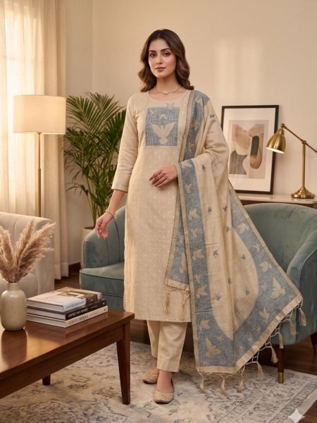 Customizable Off White Fashionable Jamdani Cotton Dress Material with Artistic Weaving Design Dress Material 