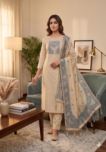 Customizable Off White Fashionable Jamdani Cotton Dress Material with Artistic Weaving Design Cotton Dress Material