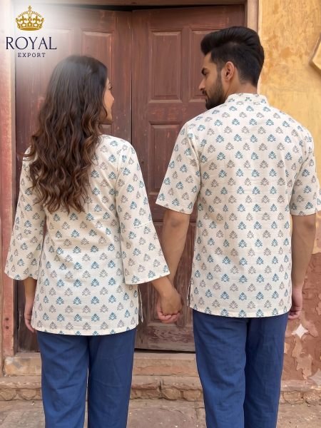 Customizable OffWhite Designer Cotton Couple Wear Set for Festive Celebrations Couple Combo collection 