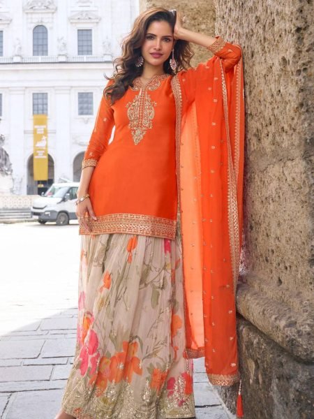 Customizable Orange Chinon Sharara Suits With Embroidery Work On Neck For Wholesale Palazzo Set 