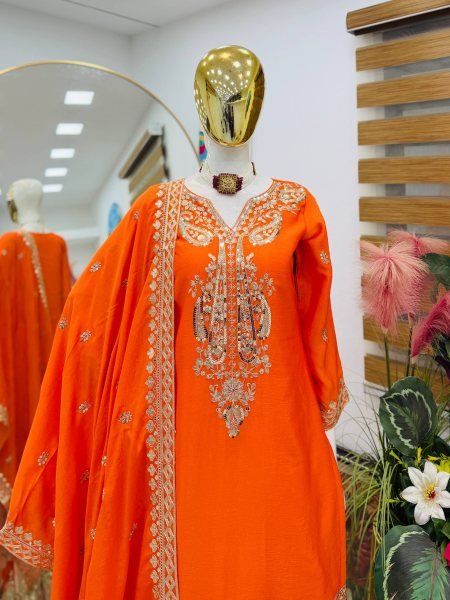 Customizable Orange Chinon Sharara Suits With Embroidery Work On Neck For Wholesale Palazzo Set Ready To Wear Collection