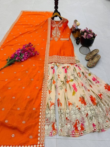 Customizable Orange Chinon Sharara Suits With Embroidery Work On Neck For Wholesale Palazzo Set Ready To Wear Collection