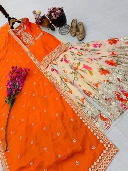 Customizable Orange Chinon Sharara Suits With Embroidery Work On Neck For Wholesale Palazzo Set Ready To Wear Collection