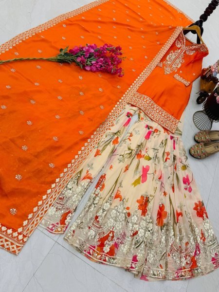 Customizable Orange Chinon Sharara Suits With Embroidery Work On Neck For Wholesale Palazzo Set Ready To Wear Collection