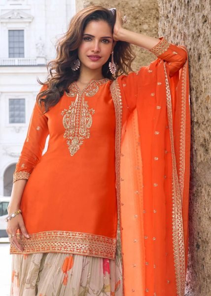 Customizable Orange Chinon Sharara Suits With Embroidery Work On Neck For Wholesale Palazzo Set Ready To Wear Collection