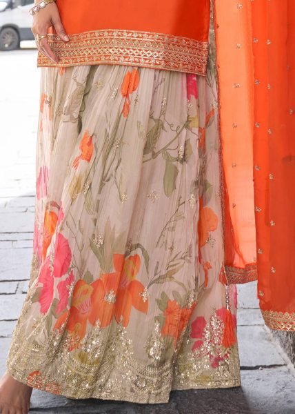Customizable Orange Chinon Sharara Suits With Embroidery Work On Neck For Wholesale Palazzo Set Ready To Wear Collection