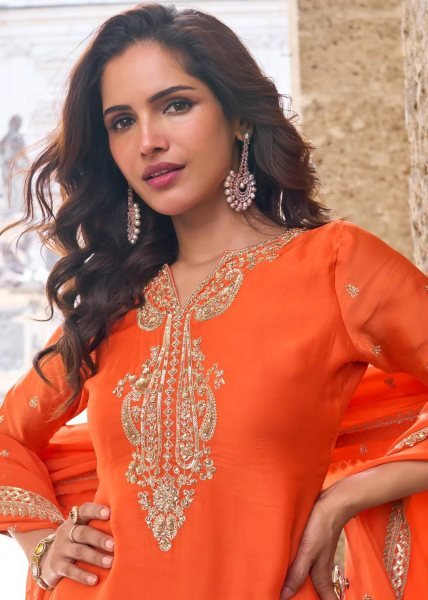 Customizable Orange Chinon Sharara Suits With Embroidery Work On Neck For Wholesale Palazzo Set Ready To Wear Collection