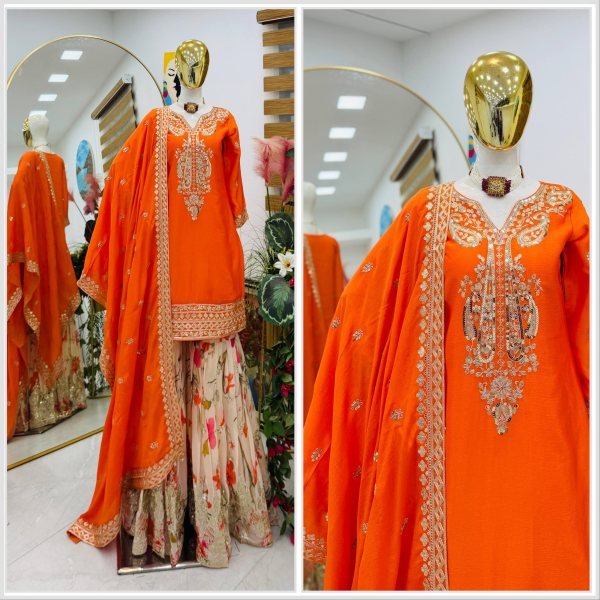 Customizable Orange Chinon Sharara Suits With Embroidery Work On Neck For Wholesale Palazzo Set Ready To Wear Collection