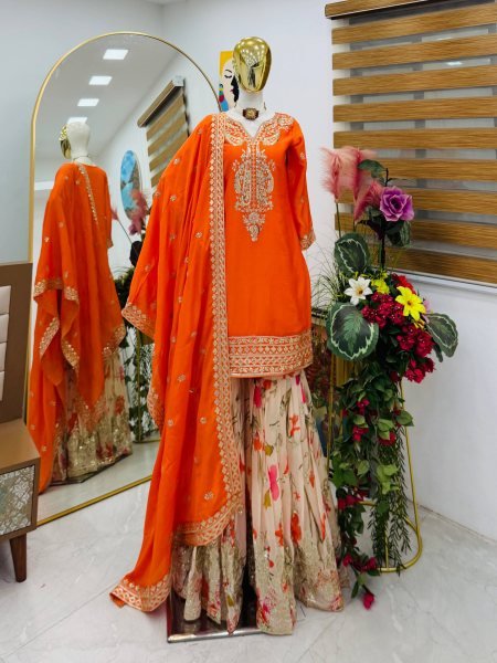 Customizable Orange Chinon Sharara Suits With Embroidery Work On Neck For Wholesale Palazzo Set Ready To Wear Collection