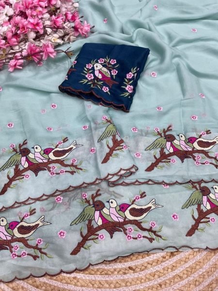 Customizable Pista Star Georgette Saree with Multi Embroidery Blouse and Arco Border 
