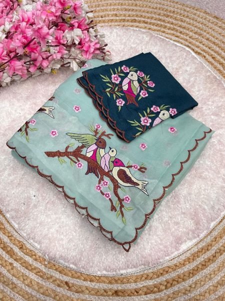 Customizable Pista Star Georgette Saree with Multi Embroidery Blouse and Arco Border Bollywood Fancy Sarees Wholesale