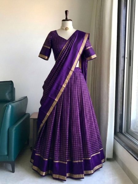 Customizable Purple Fashionable Lehenga with Checks Design and Rich Look Half Saree Lehenga