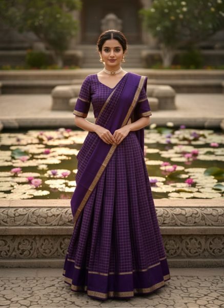 Customizable Purple Fashionable Lehenga with Checks Design and Rich Look Half Saree Lehenga