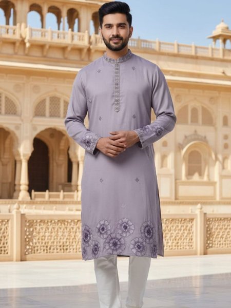 Customizable Purple Men's Pure Silk Kurta with Designer Embroidery for Weddings and Festivals 