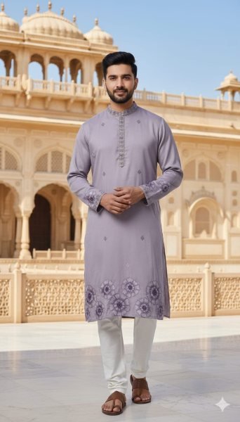 Customizable Purple Men's Pure Silk Kurta with Designer Embroidery for Weddings and Festivals Kurta Pajama Wholesale