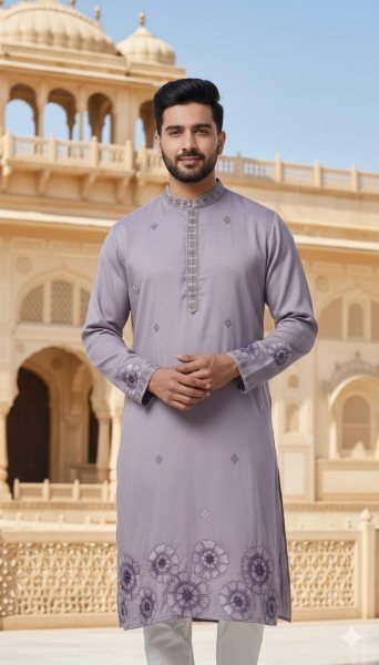 Customizable Purple Men's Pure Silk Kurta with Designer Embroidery for Weddings and Festivals Kurta Pajama Wholesale