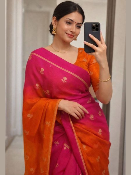 Customizable Rani Pink and Orange Dual Tone Silk Saree with Gold Zari Butta Sarees 