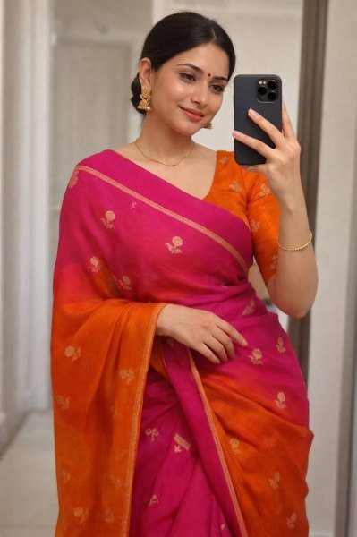 Customizable Rani Pink and Orange Dual Tone Silk Saree with Gold Zari Butta Silk Sarees Wholesale