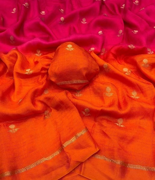 Customizable Rani Pink and Orange Dual Tone Silk Saree with Gold Zari Butta Silk Sarees Wholesale